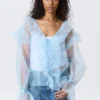 Transparent Frilled V-Neck Blouse – Light Blue