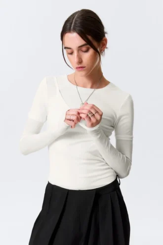 Triple-Layered Long-Sleeved Cotton Top – White