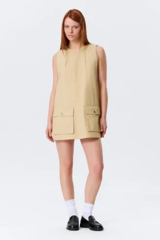 Utility Cotton Canvas Mini Pinafore Dress – Light Yellow