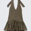 Utility Halterneck Mini Dress – Dark Khaki Green