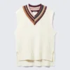 V-Neck Cable Knit Cotton Vest – White – Contrast Collar