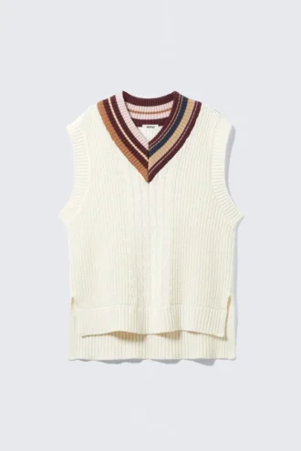 V-Neck Cable Knit Cotton Vest – White – Contrast Collar