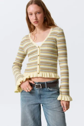 V-Neck Knitted Cardigan – Striped Light Yellow