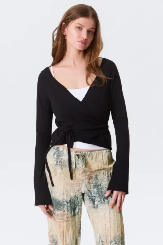 V-Neck Wrap Knit Cardigan – Black