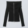 Vanna off Shoulder Zip Cardigan – Black