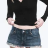 Venus Frayed Low Rise Denim Hotpants – Blue Hymn – Medium Blue