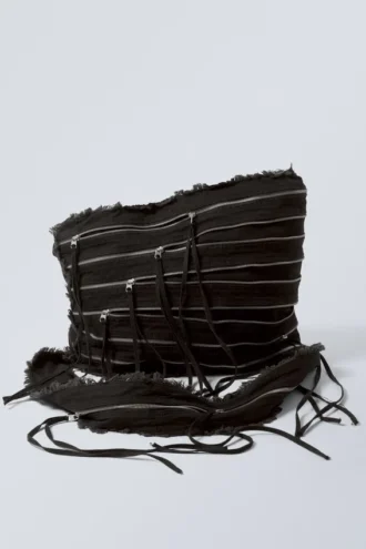 Washed Denim Multi Zip Bag – Black