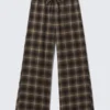 Wide Flannel Pyjama Trousers – Checked Dark Brown