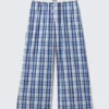 Wide-Leg Cotton Twill Trousers – Blue Check