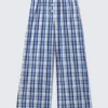 Wide-Leg Cotton Twill Trousers – Blue Check