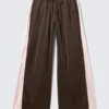 Wide Relaxed Fit Track Trousers – Dark Brown – Pink Stripes