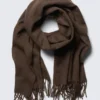 Wool Blend Fringe-Edge Blanket Scarf – Dark Brown