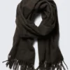 Wool Blend Fringe-Edge Blanket Scarf – Dark Grey Check