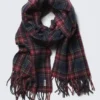 Wool Blend Fringe-Edge Blanket Scarf – Dark Red Check