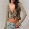 Yulia B Frilled Knitted V-Neck Cardigan – Dusty Khaki Green