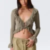 Yulia B Frilled Knitted V-Neck Cardigan – Dusty Khaki Green