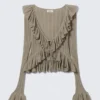 Yulia B Frilled Knitted V-Neck Cardigan – Dusty Khaki Green