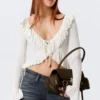 Yulia B Frilled Knitted V-Neck Cardigan – White