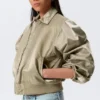 Yulia B Loose Nylon Bomber Jacket – Light Khaki Green