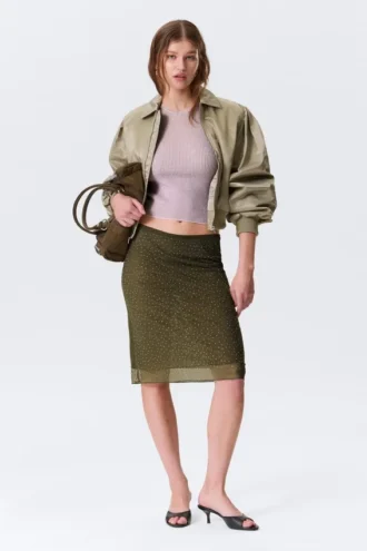 Yulia B Mesh Rhinestone Midi Skirt – Khaki Green – Rhinestones