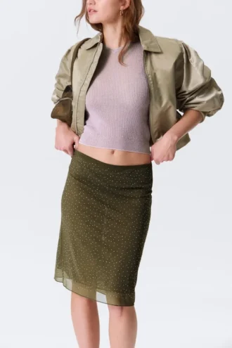 Yulia B Mesh Rhinestone Midi Skirt – Khaki Green – Rhinestones